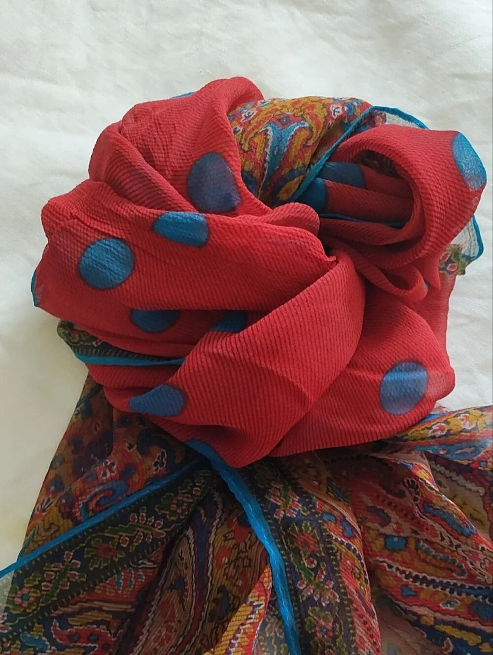 Sheer Silk Paisley Wrap Scarf in Red and Blue